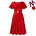 Women's Clothing Solid Color High Waist Elegant Square Neck A-Line Dress With Detachable Corsage & Belt | Flowy Summer Midi Dress For Women_ecoleips.com