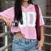 Women's Clothing Street Style Hottie Style Oversize Letter Printed Short Sleeved T Shirt V Neck Loose Slim Basic Top_ecoleips.com