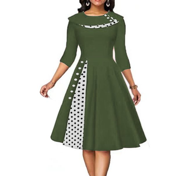 Autumn/Winter Women's Clothing: Retro Dot-Print Waist-Cutting Skirt Dress_ecoleips.com