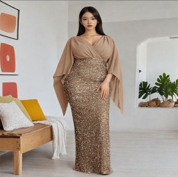 Elegant Solid Color Deep V High Waist Chiffon Sequin Splicing Long Evening Gown Formal Party Dinner Prom Dress_ecoleips.com