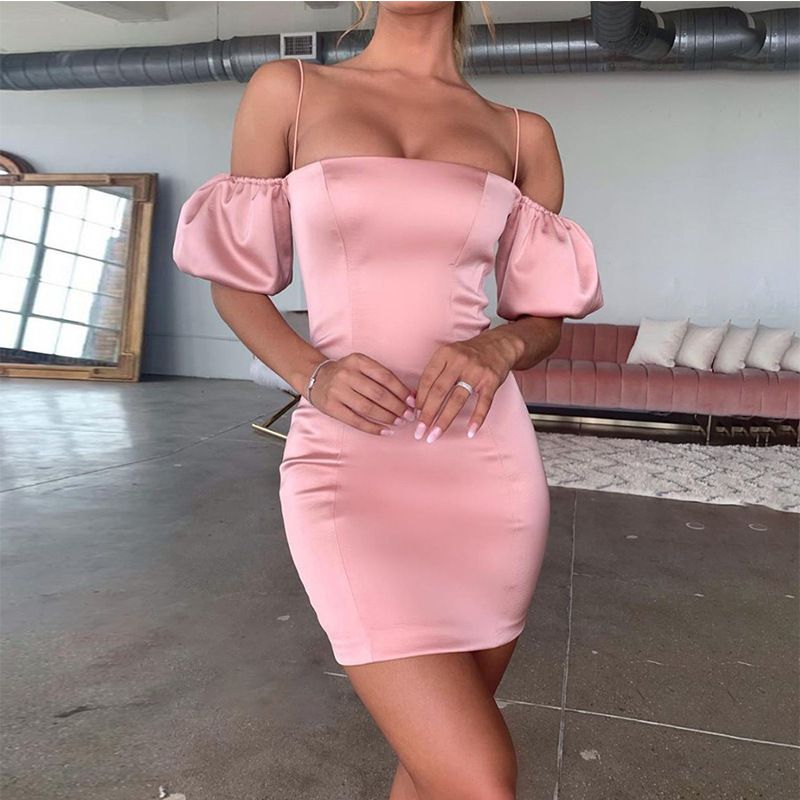 European American Style Lantern Sleeve Halter Top Women's Off-Shoulder Short Bodycon Dress Backless Slim Fit Sexy Clothing_ecoleips.com