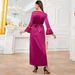 Rose Red Hand-Sewn Diamond Dress With Ruffled Cuffs And A Belt For Women's Wear_ecoleips.com