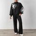 Elegant Women's Autumn Winter Outfit - Embroidered Ribbon Lantern Sleeve Sweater With Wide Leg Pants Set_ecoleips.com