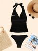 2026 New Split-Back Deep V-Neck Busty Women's Bikini With Belly Concealing For Beach Vacation - Black_ecoleips.com