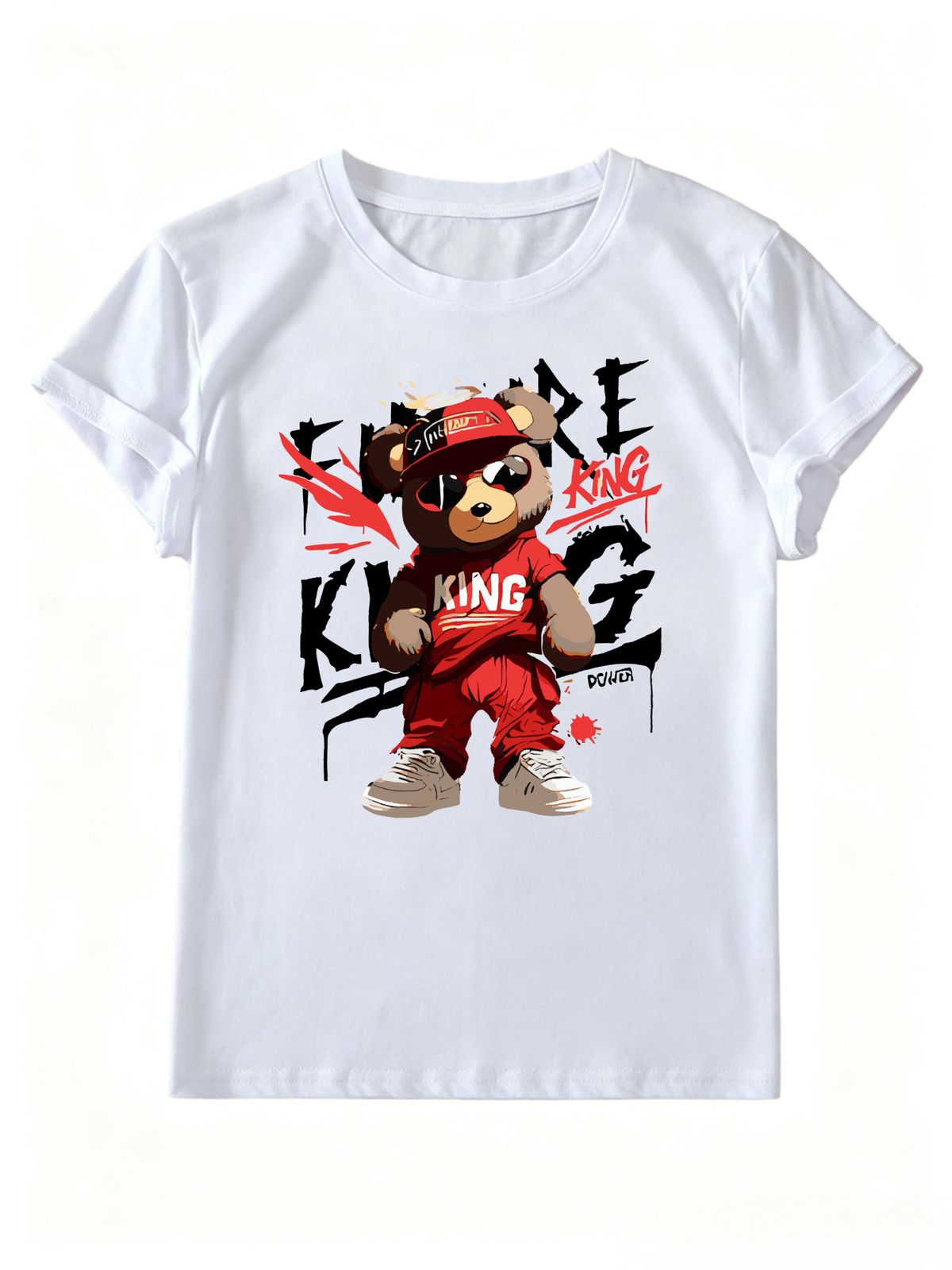 Women Hip Hop Red Outfit Sunglasses King Graffiti Bear Letter Graphic T Shirt Round Neck Short Sleeve Loose Streetwear Summer Tops_ecoleips.com