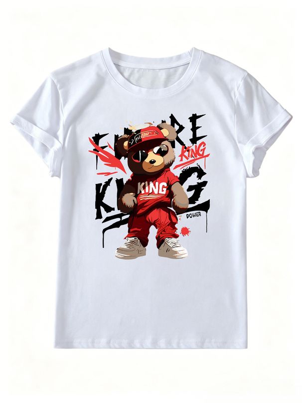 Women Hip Hop Red Outfit Sunglasses King Graffiti Bear Letter Graphic T Shirt Round Neck Short Sleeve Loose Streetwear Summer Tops_ecoleips.com