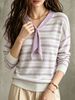 Lavender Stripe Eyelet Rib Knit Top, Loose Lightweight Breathable Tie V Neck Jumper, Soft Skin-touch Hollow Long Sleeve Pullover_ecoleips.com