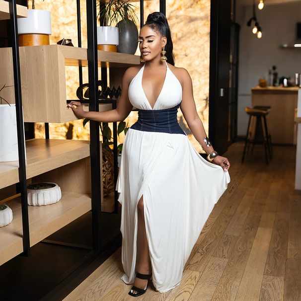 Women's Clothing Women's Slim Fit Irregular Milk Stitching Milk Silk Stitching Deep V Neck Dress_ecoleips.com