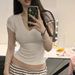 Korean Style Solid Color V-Neck T-Shirt Slim Fit Short Sleeve Slightly Sheer Summer Top Milky White Tencel Blend Versatile_ecoleips.com