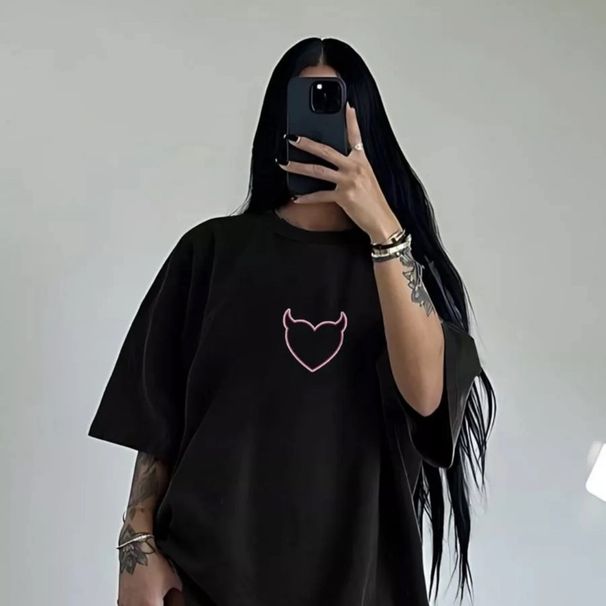 Pure Cotton Printed Top For Students 2025 New Summer Korean Style Black Loose Versatile Short Sleeve Ins_ecoleips.com