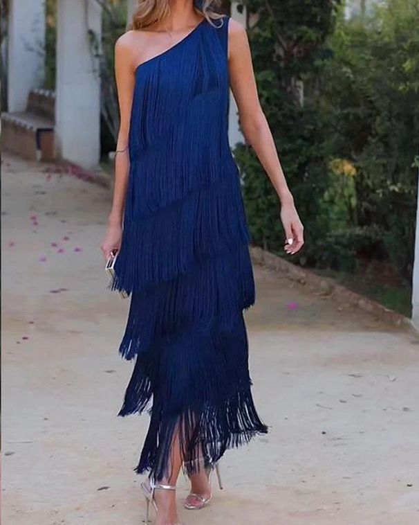 Women's Clothing Tassel Oblique Shoulder Asymmetric Dress Evening Dress_ecoleips.com