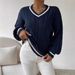 Women's Clothing Autumn And Winter Temperament Contrast Color Cable Sweater Loose V Neck Fashionable Tops For Women_ecoleips.com