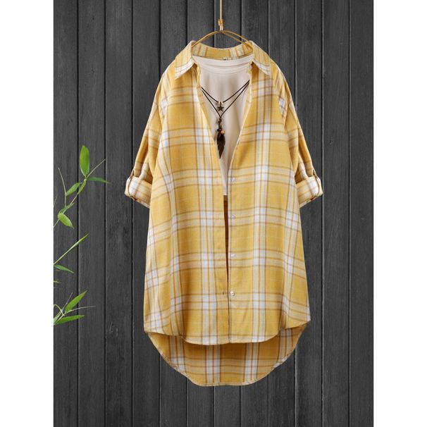 Spring Women's Oversized Shirt With Long Sleeves, Loose-Fitting, Fashionable And Casual Yellow Checkered Design_ecoleips.com