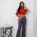 Women's Clothing Denim Stitching Color Stand Up Collar Zipper Top Wide Leg Pants Two Piece Suit For Women_ecoleips.com