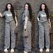 Women's Summer Fashion Two Piece Set Southeast Asian Style Puppy Print Slimming Straight Leg Wide Leg Pants Short Sleeve Top_ecoleips.com