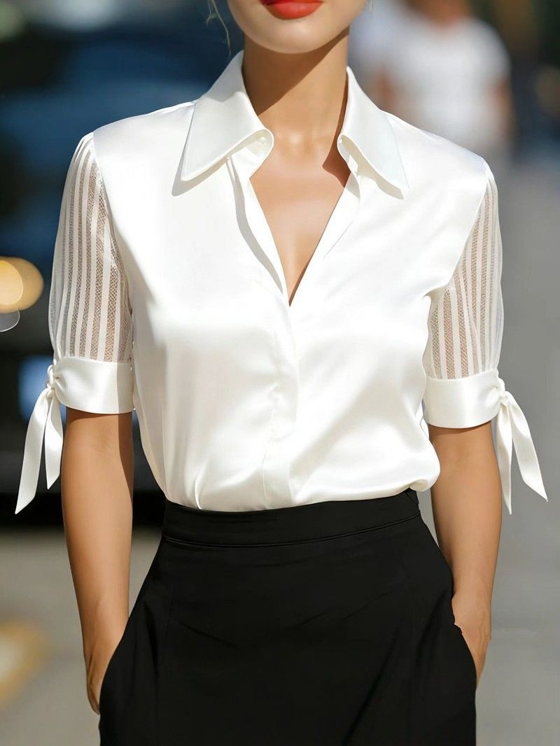 Satin V-Neck Perspective Striped Strap Medium Sleeve Shirt Women_ecoleips.com