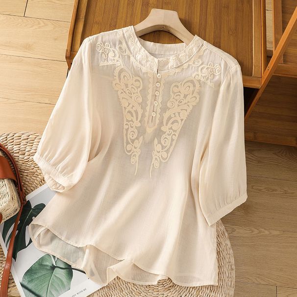 This Short-Sleeved, Stand-Collar Top Features Embroidery And Is Made From Cotton-Linen Fabric With A Literary, Retro Des_ecoleips.com
