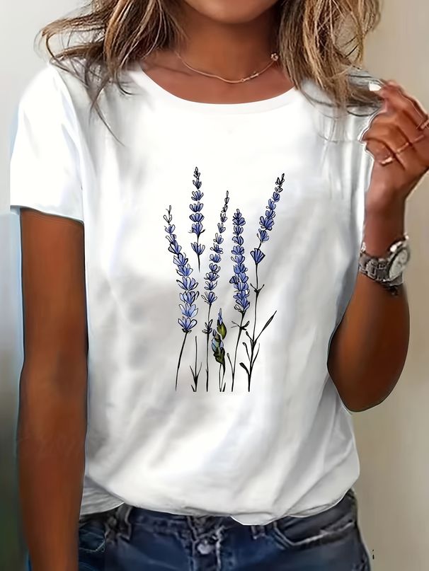 Women's Summer Casual Lavender Floral Print T-Shirt - Korean-Inspired Round Neck Short Sleeve Top Lavender Blouses_ecoleips.com