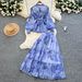 Women's French Style Chiffon Top And High-Waisted Pants Set with Tie Waist Lantern Sleeves Print Half-Length Design_ecoleips.com
