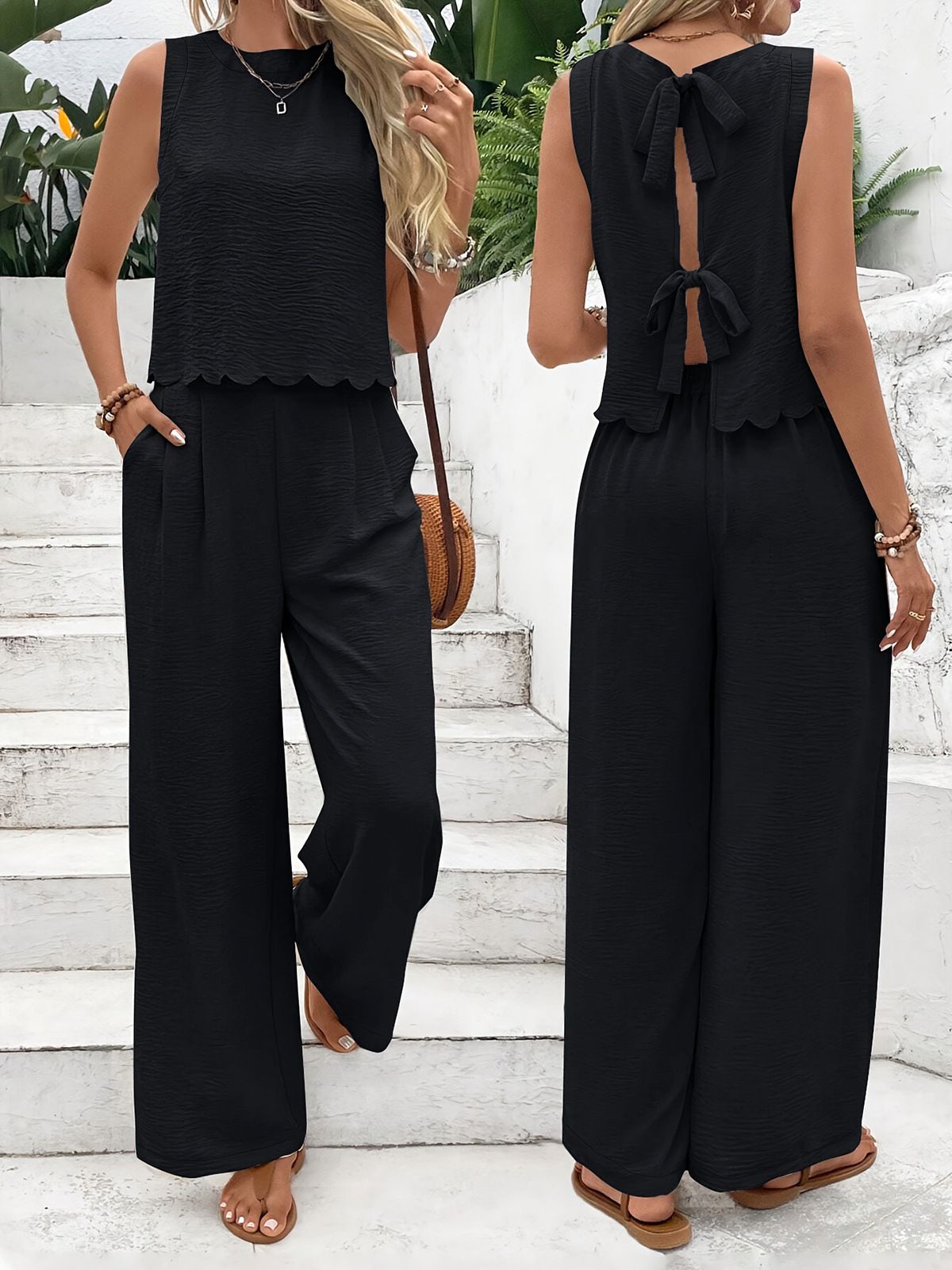 Women's Sleeveless Top And Wide-Leg Pants Set - Summer Linen Blend Comfort Outfit For Casual Wear_ecoleips.com