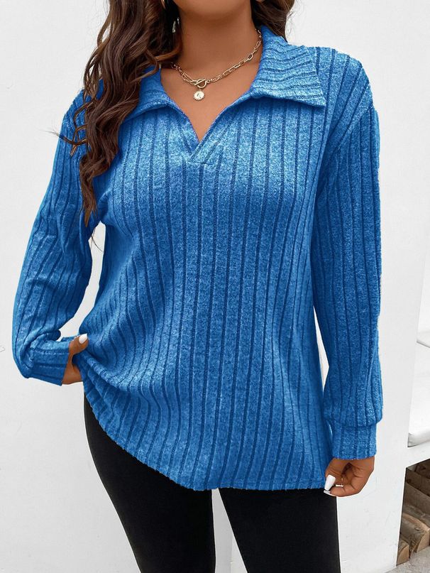 Plus-Size V-Collar Ribbed Long-Sleeve T-Shirt – Soft Brushed Interior, Relaxed Fit For Fall & Winter (1XL-5XL)_ecoleips.com