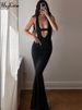 Hugcitar Black Strap Deep V Neck Backless Sexy Bodycon Maxi Dress 2023 Summer Women Elegant Clothes Festival Rave Party Club Y2K_ecoleips.com