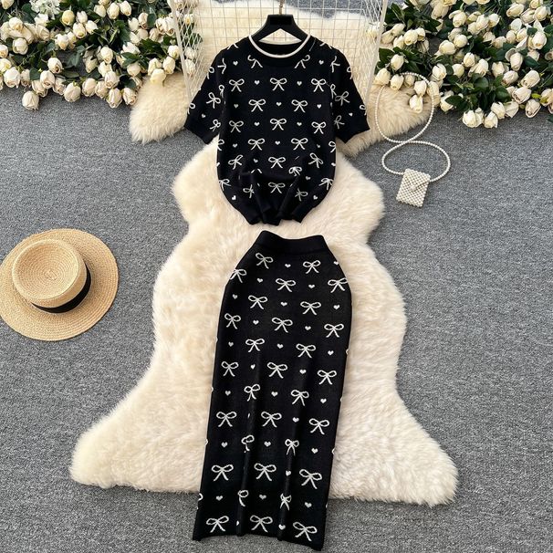 Women's Clothing Knitted Suit For Women Summer High End Round Neck Short Sleeved Bowknot Printed Top High Waist Hip Skirt_ecoleips.com