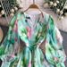 Women's Clothing Elegant Floral Print Chiffon V-Neck Maxi Dress With Lantern Sleeves & High Waist For Women - Summer Vacation & Office Wear (Green)_ecoleips.com
