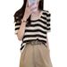 Retro Striped Short Sleeve Knit Top - Breathable Crochet Hollow Out Design Women's Round Neck Blouse In Soft Peach (Xs/S/M/L/Xl)_ecoleips.com