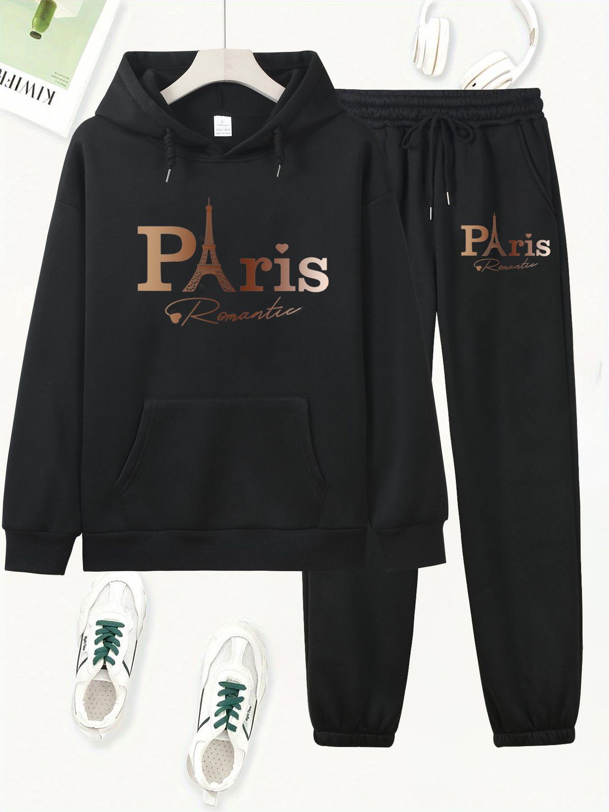 Women's Autumn And Winter Casual Fashion Paris Letter Pattern Printed Thick Fleece Warm Hooded Sweatshirt+sports Pants Set-749_ecoleips.com