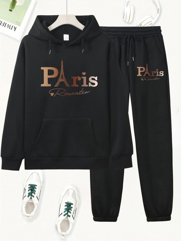 Women's Autumn And Winter Casual Fashion Paris Letter Pattern Printed Thick Fleece Warm Hooded Sweatshirt+sports Pants Set-749_ecoleips.com