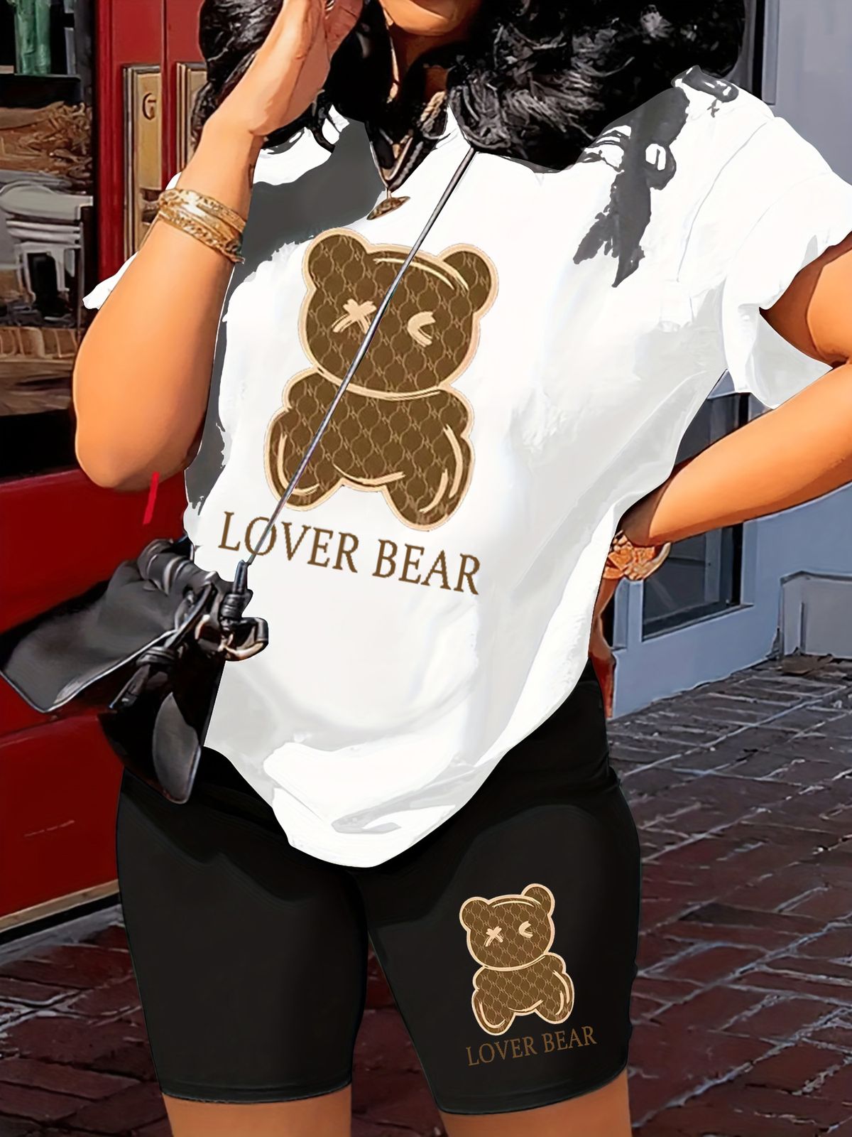 Summer Women's Casual And Fashionable Cartoon Bear Pattern Print Loose T-shirt+shorts Two-piece Sportswear Suitable For Daily Wear-94_ecoleips.com