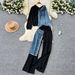 Women's Clothing Women's Style Casual Fashion Set Splicing Hooded Sweatshirt High Waist Wide Leg Pants Denim Two Piece Outfit_ecoleips.com