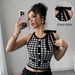 Women's Houndstooth Halter Neck Cami Top Black Stretchy Sleeveless Crop Vest Bodycon Silhouette_ecoleips.com