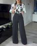 Women's Clothing Retro Black Satin Full Body Floral Trumpet Sleeve Top Suit High Waist Casual Commuter Trousers_ecoleips.com
