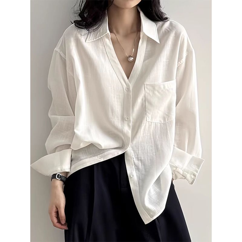 V-Neck Linen Shirt Women's Long Sleeve – Boho Chic Sun Protection Blouse, Breathable Cotton Linen Top For Summer, Loose Fit Casual Shirt_ecoleips.com