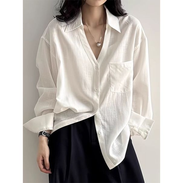 V-Neck Linen Shirt Women's Long Sleeve – Boho Chic Sun Protection Blouse, Breathable Cotton Linen Top For Summer, Loose Fit Casual Shirt_ecoleips.com