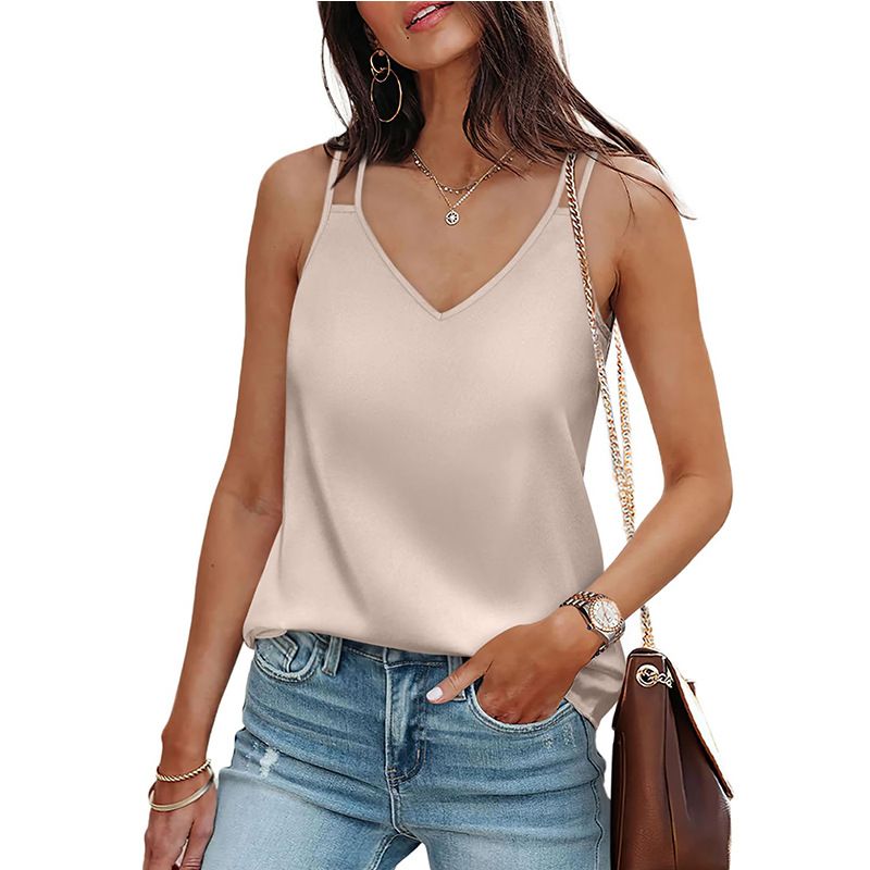 Women's Clothing Solid Color V Neck Camisole Loose T Shirt Top_ecoleips.com