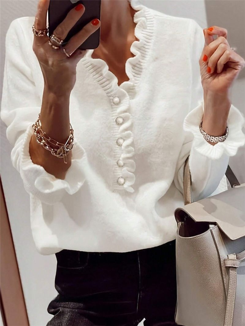 Women's Clothing Long Sleeved Ruffled V Neck Knitted Sweater_ecoleips.com