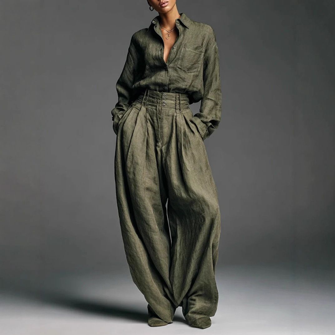 Unisex Oversized Shirt & Pants Set – 90s Vintage Workwear Style (S-XL, Army Green)_ecoleips.com