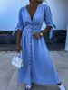 Women's Clothing Fashion Long Skirt V Neck Short Sleeve Loose Denim Long Button Dress_ecoleips.com