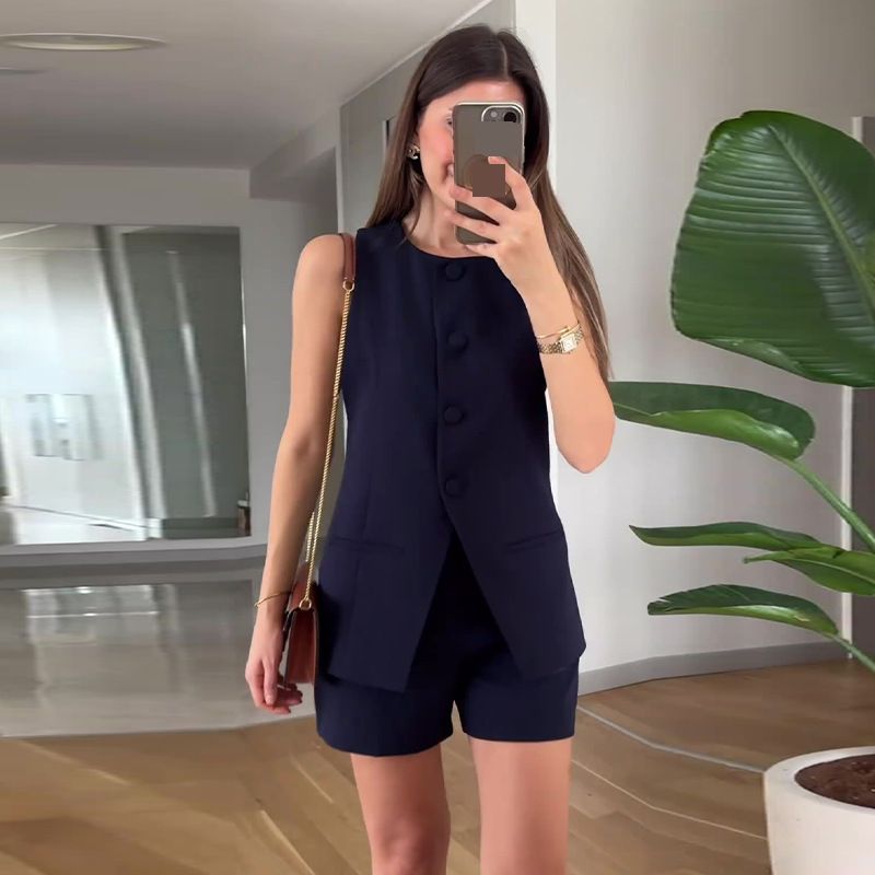 Women's Clothing Summer Sleeveless Round Neck Vest Long Top High Waist Straight Shorts Temperament Suit_ecoleips.com