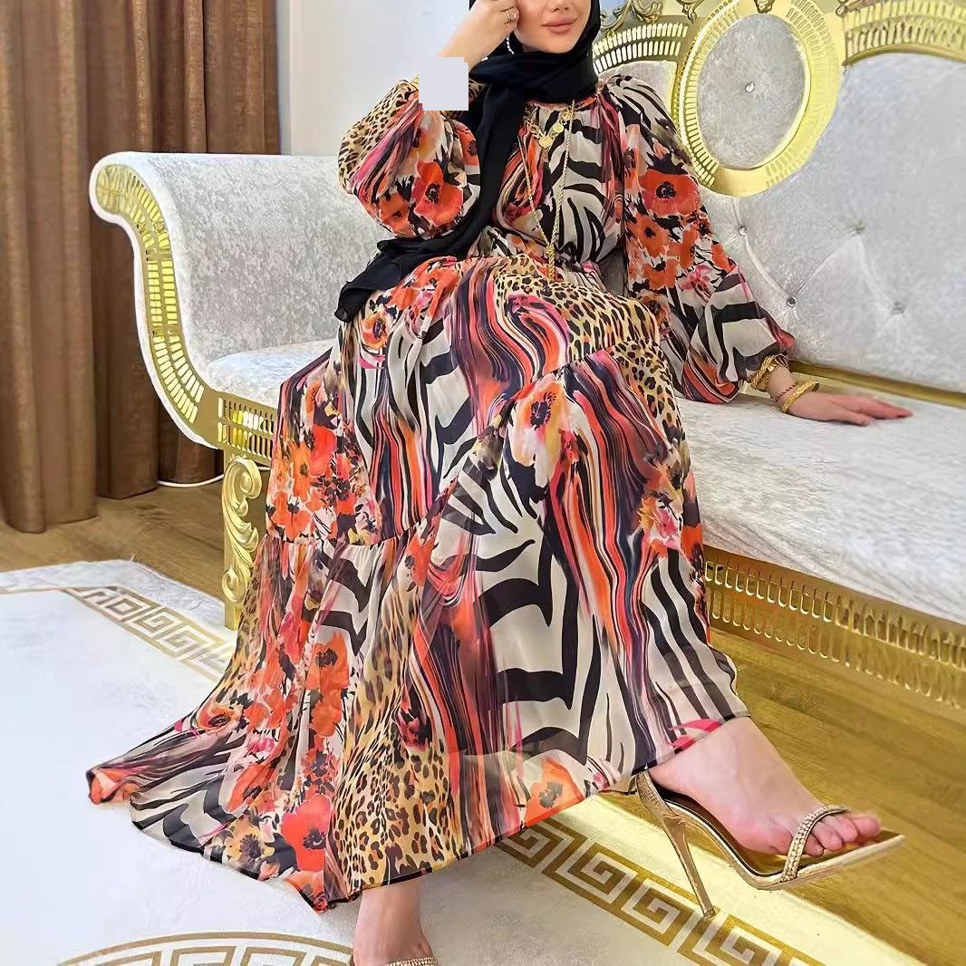 Women's Clothing Ladies Muslim Chiffon Leopard Print Robe Fashion Temperament Dress_ecoleips.com