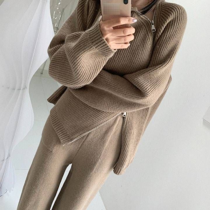 Women's Clothing High Neck Zip-Up Knit Sweater Winter Oversized Pullover Chic Casual White Cropped Top_ecoleips.com