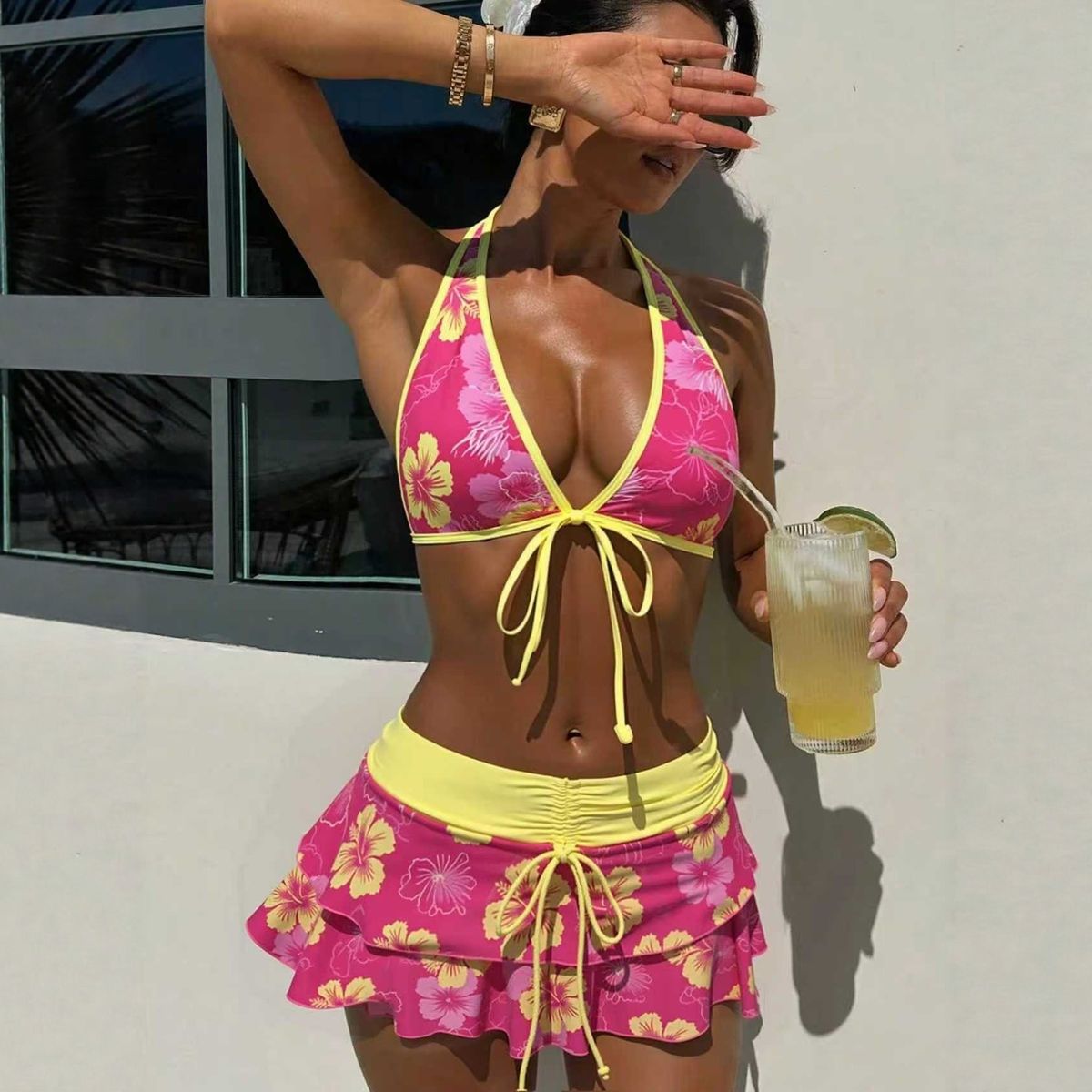 Women's Clothing Women's Floral Print Tie Waist Bikini Swimsuit Set Three Piece Sexy Clothing For Formal & Casual_ecoleips.com