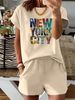 Summer New Pink New York NU Pattern T-shirt, Casual Printed Round Neck Short Sleeved Top With Elastic Waist Pocket, Women's Two-piece Set-283_ecoleips.com