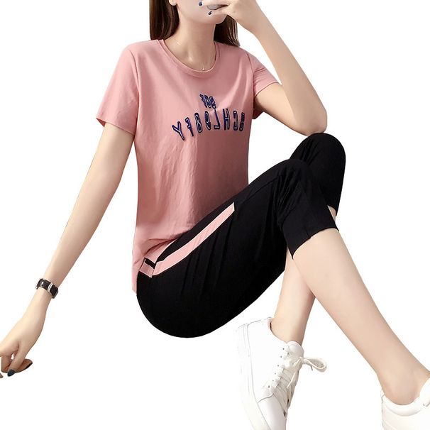 Women's Casual Sportswear Set Summer 2026 Fashionable Two Piece Outfit With Short Sleeved Top And Loose Capri Pants_ecoleips.com