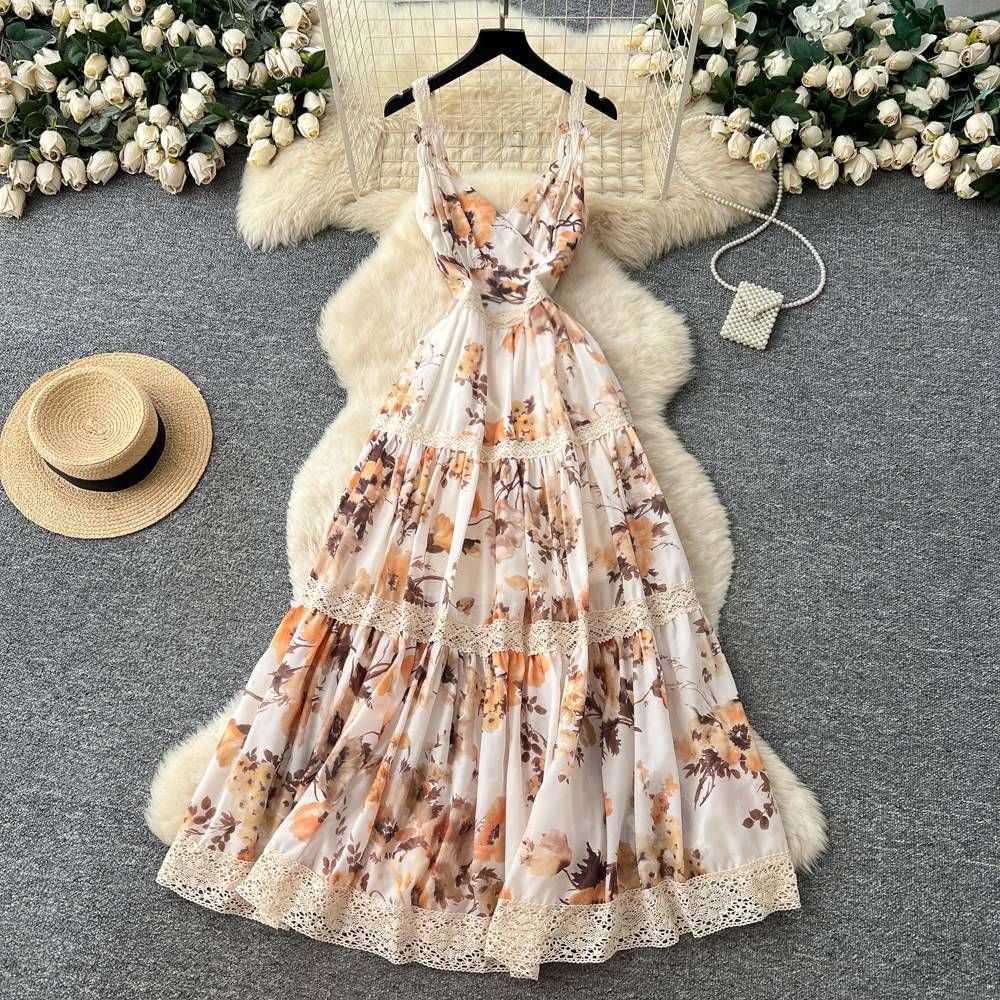 Women's Clothing French Style High Waist Floral Lace Camisole Dress Slimming Gentle Beachwear For Spring And Summer Women's Clothing/Dress_ecoleips.com