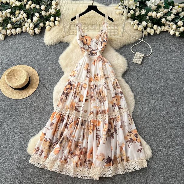 Women's Clothing French Style High Waist Floral Lace Camisole Dress Slimming Gentle Beachwear For Spring And Summer Women's Clothing/Dress_ecoleips.com