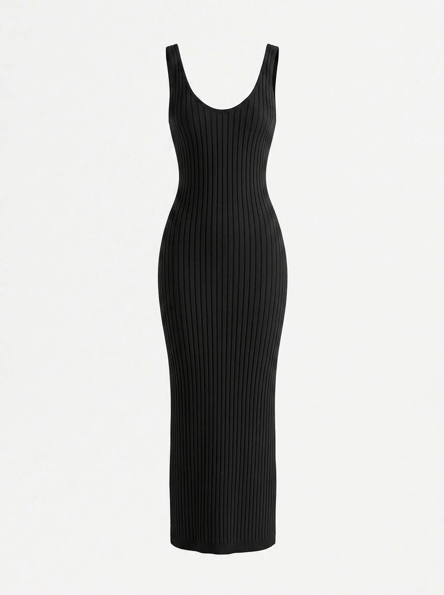 Business Daily Solid Black Ribbed Tank Dress, Slim Fit Split Hem Formal Commuter Dress_ecoleips.com